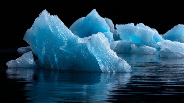 Vivid blue ice chunks floating in dark, reflective water, showcasing icy formations and frigid beauty.