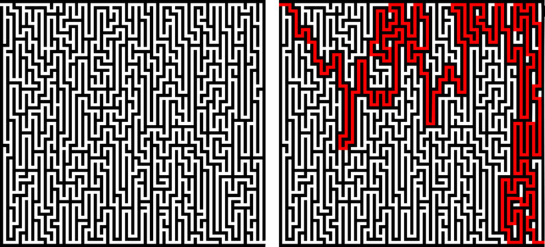 Square maze vector illustration with a solved version featuring a red path. Complex labyrinth design symbolizing strategy, logic, and achievement.