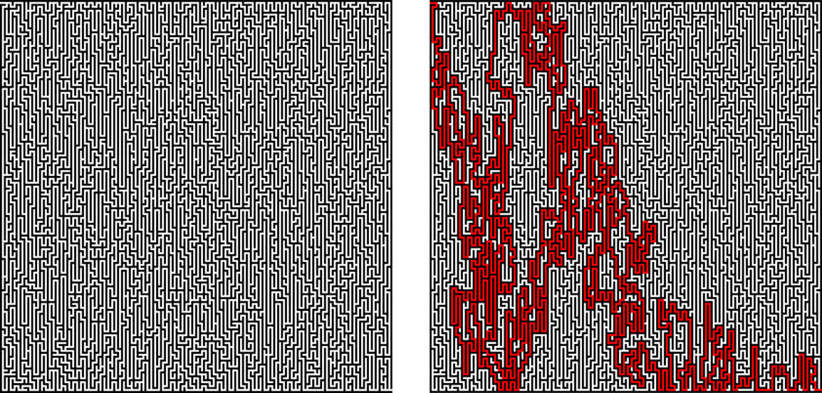 Intricate black and white maze set featuring one solved version with a bold red path and one unsolved version for logic and strategy concepts.
