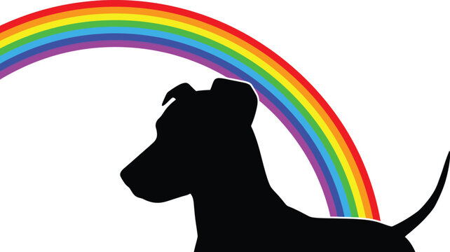 Black Dog Silhouette under Colorful Rainbow on White Background