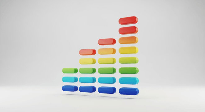 Dynamic 3D audio equalizer bars displaying colorful sound waves on a clean white background