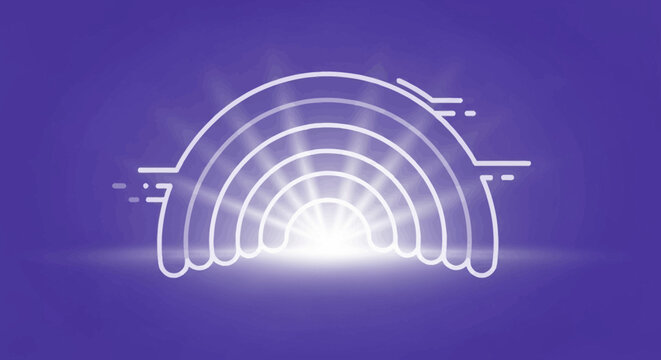 Stylized glowing rainbow arc with radiant light on vibrant purple digital background