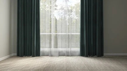 Fotobehang Hotel chique Large white window with sheer fabric, teal green blackout curtain with tree garden view in clean empty room with sunlight on beige carpet floor  © Sue Tansirimas