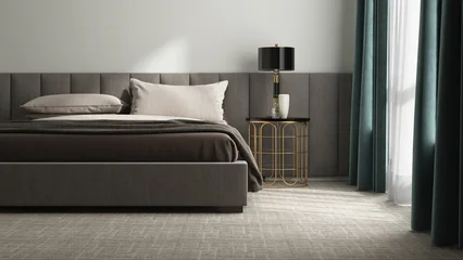 Fotobehang Hotel chique Elegant, modern and luxury bedroom with gray bed, brown blanket, bedside table with lamp in sunlight from white sheer, green blackout curtain for interior design decoration, product background 3D  © Sue Tansirimas