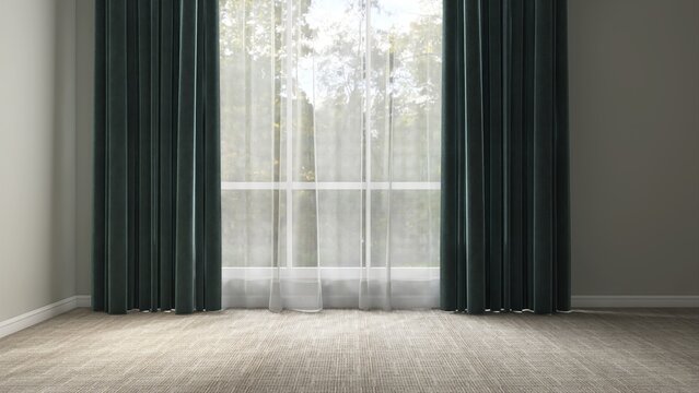 Large white window with sheer fabric, teal green blackout curtain with tree garden view in clean empty room with sunlight on beige carpet floor