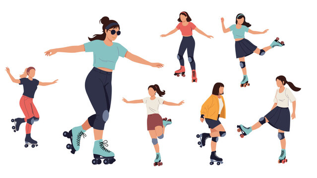 Set of illustrations featuring young women in different outfits enjoying roller skating with various poses and movements.