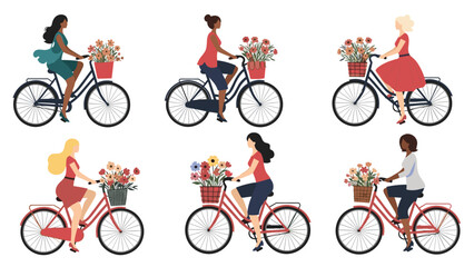 Naklejka premium Collection of diverse women riding bicycles with baskets full of blooming flowers, isolated on white background in flat vector illustration style.