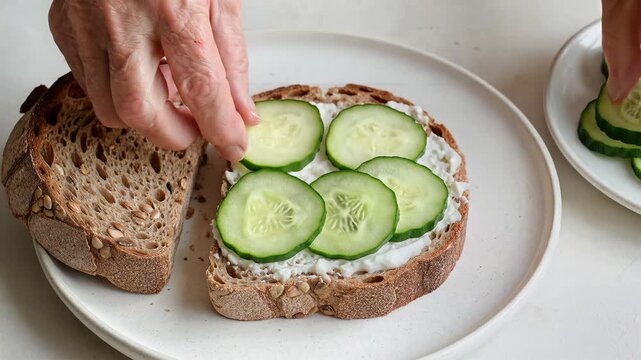 Elderly hands making healthy cucumber toast with cream cheese on sourdough bread for breakfast