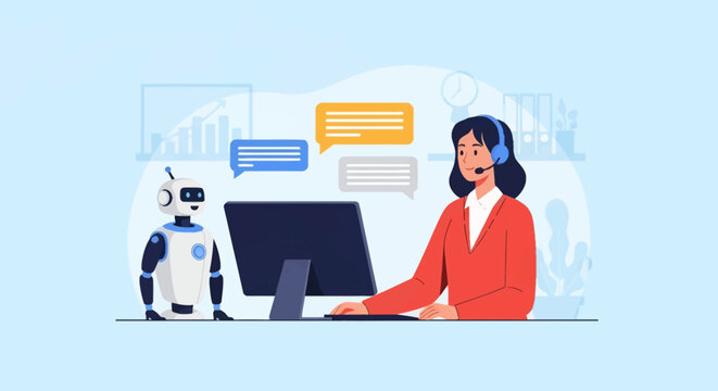 Flat vector illustration of a female customer support representative wearing a headset at a desk with a computer, working with an AI robot assistant and floating chat bubbles.