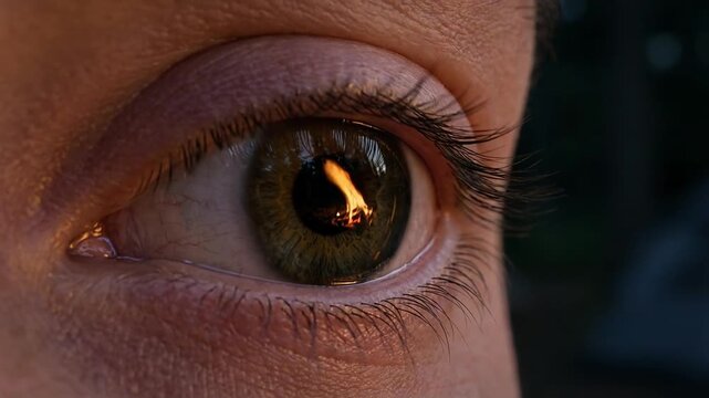 extreme close-up of a human eye reflecting a campfire flame