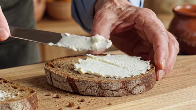 Elderly man spreading fresh butter or cream cheese on a slice of dark rye bread