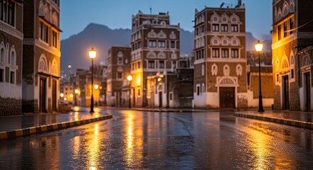 Obraz premium Rainy evening in the historic Old City of Sanaa, Yemen, with traditional multi-story buildings and glowing streetlights reflecting on wet streets.
