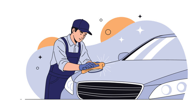 Professional car detailer in a blue uniform and cap polishing the hood of a luxury silver car with a soft cloth, automotive care vector illustration.