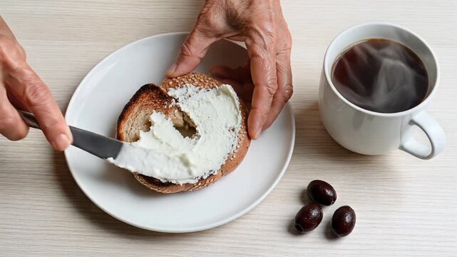 Elderly person spreading cream cheese on a toasted sesame bagel for breakfast, with coffee and olives on a table.