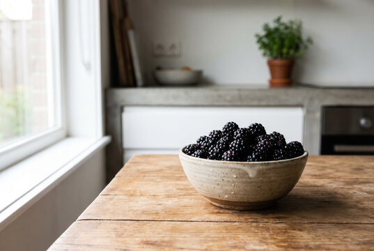 Dewberries Bowl on Wooden Table with Natural Window Light Scene