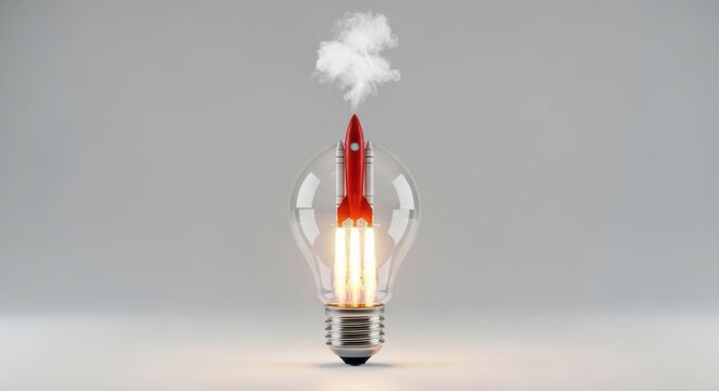 A creative lightbulb with a small rocket launching from it