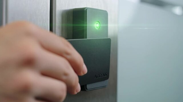 close-up of a hand tapping an RFID access card on a sleek modern door sensor