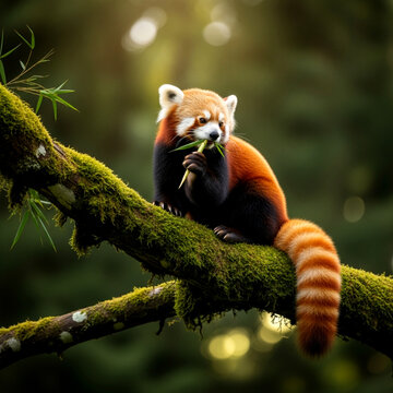 A vibrant red panda perched on a tree branch, peacefully munching on green bamboo leaves.