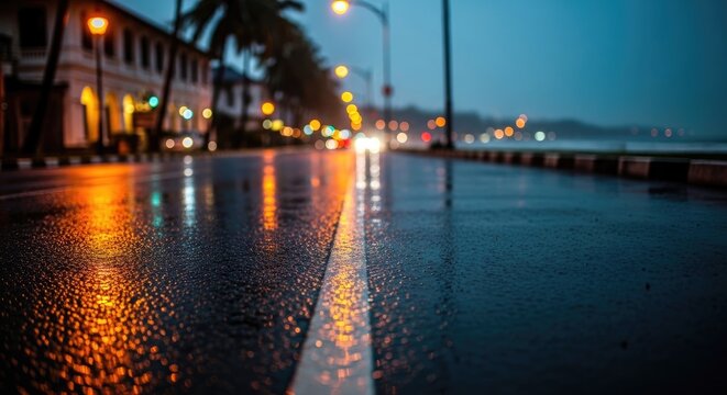 Wet Road Reflecting City Lights at Night After Rain.