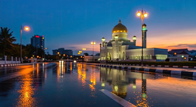 Sultan Omar Ali Saifuddin Mosque illuminated at dusk with reflections in the water, Bandar Seri Begawan, Brunei.