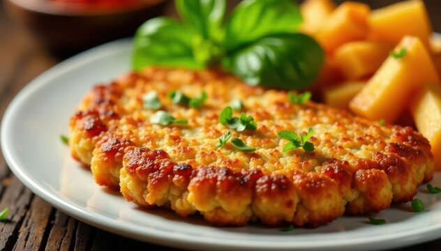 Close-up of a delicious, crispy hackschnitzel , cooking, gastronomy