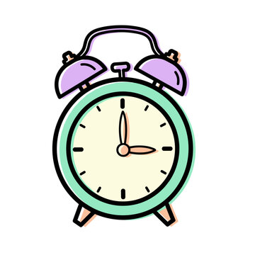 Vintage alarm bell clock in simple line art style, soft pastel color palette