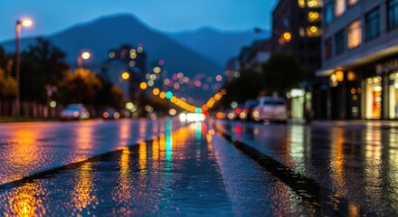 Fototapeta premium Rainy city street at night with blurred car lights and reflections on wet asphalt.