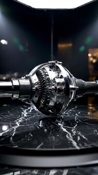 Close-up of a car differential on a reflective surface.