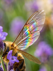 Naklejka premium Macro of honey bee wings with rainbow iridescence