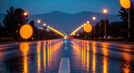 Fototapeta premium Empty wet road at night with blurred street lights reflecting on the surface creating a vibrant and moody atmosphere.
