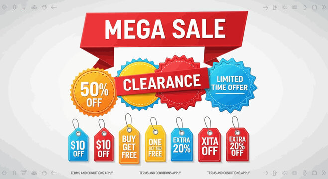 Mega sale advertisement with discount badges and price tags