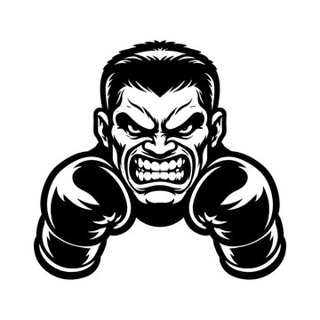 Fierce male boxer with angry expression and clenched fists prepares to punch