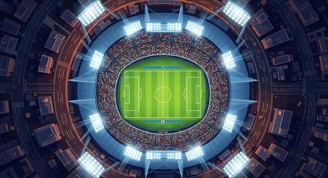 Overhead aerial view of a brightly lit soccer stadium filled with spectators at night during a sports event
