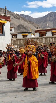 Monks in Traditional Attire Performing Sacred Cham Dance at Hemis Monastery Festival in Ladakh.