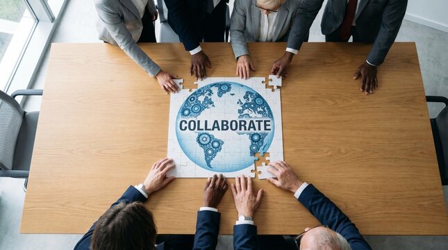 Diverse professional business team working together to complete a global strategy jigsaw puzzle at work