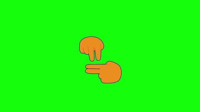  A 2D cartoon-style motion video of two orange hands on a bright green background performing a hook-up gesture, with two fingers from one hand moving down and hooking onto two fingers of the other.