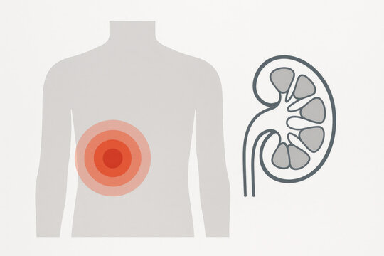 Medical illustration of kidney pain with red indicator on human body. This anatomy visualization of organ disease includes detailed kidney cross section for health awareness