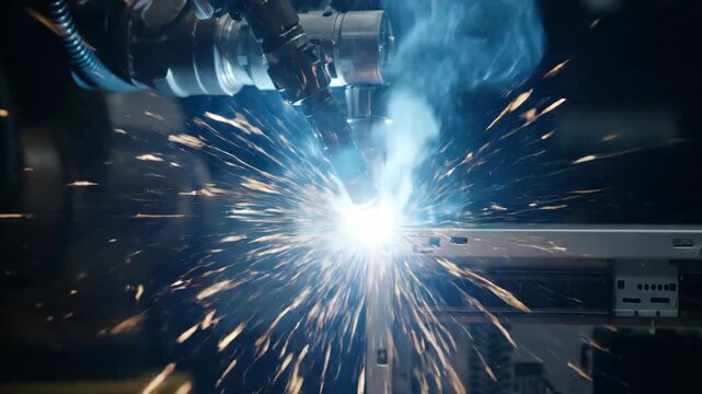 Robotic arm performing high-precision manufacturing on a circuit board, generating brilliant sparks and smoke in an industrial setting.