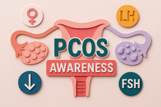 PCOS awareness concept with polycystic ovary, uterus, and hormone icons. An informative medical illustration for serious women health and gynecology condition