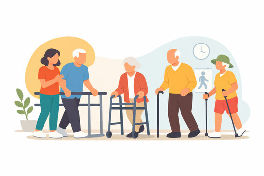 Supportive senior mobility training with helpful caregiver. Elderly people walking practice for independent aging, positive healthcare lifestyle and physical therapy
