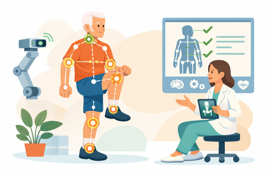 Focused senior patient in rehabilitation with doctor using artificial intelligence for physical therapy. Healthcare technology monitors joint alignment for successful recovery
