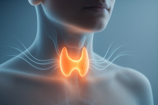 Glowing thyroid gland inside human neck, clean medical visualization. This shows anatomy and hormone flow lines, representing health or illness concepts with soft lighting