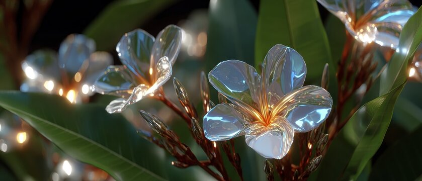 Transparent glass flowers with golden centers and glowing interior light blooming among lush green leaves in high-quality 3D rendered botanical macro composition