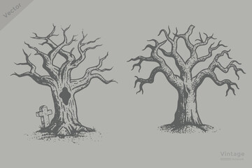 Fototapeta premium hand drawn Halloween dead tree collection illustration. Vintage engraving style dead tree perfect for Halloween design.
