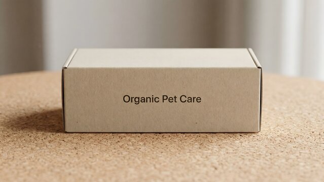 Cardboard box for organic pet care products sitting on a table