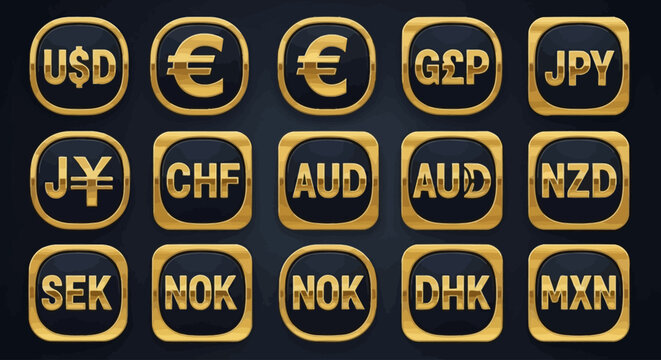 Golden currency symbols on black.