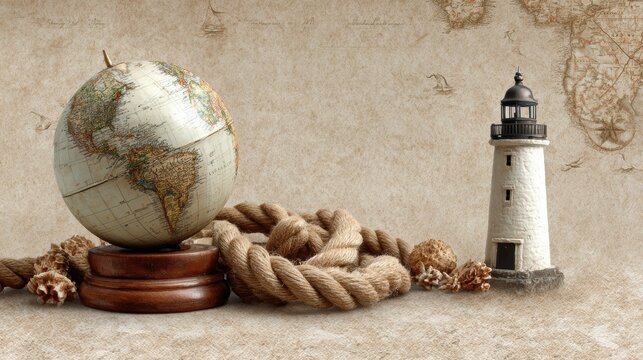 Old world globe, rope, and lighthouse on a vintage map background