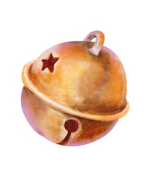 Golden Christmas bauble with a small jingle bell evoking festive holiday music Watercolor illustration isolated on white perfect for Christmas tree decor greeting cards and seasonal designs
