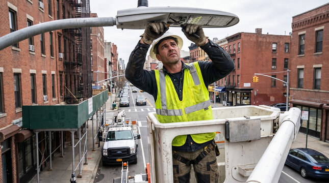 Man repairing streetlight while standing in maintenance lift on city street  