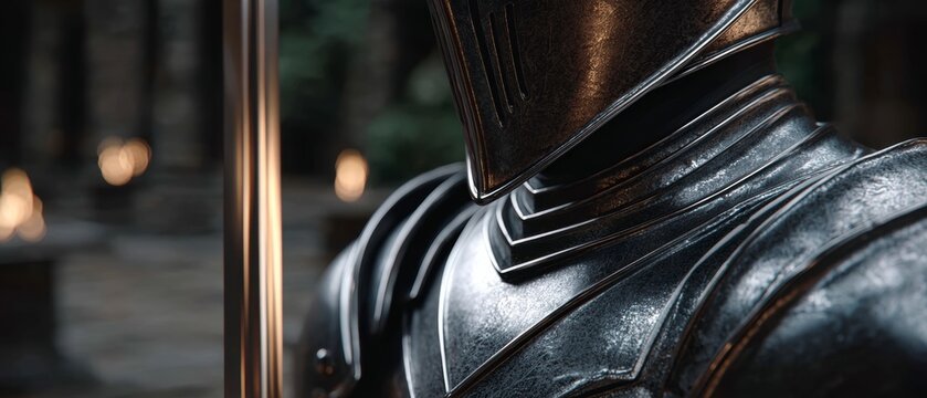 Close up profile view of medieval knight in polished steel armor standing in dark stone hallway with glowing torchlight reflections on metal surface and blurred background